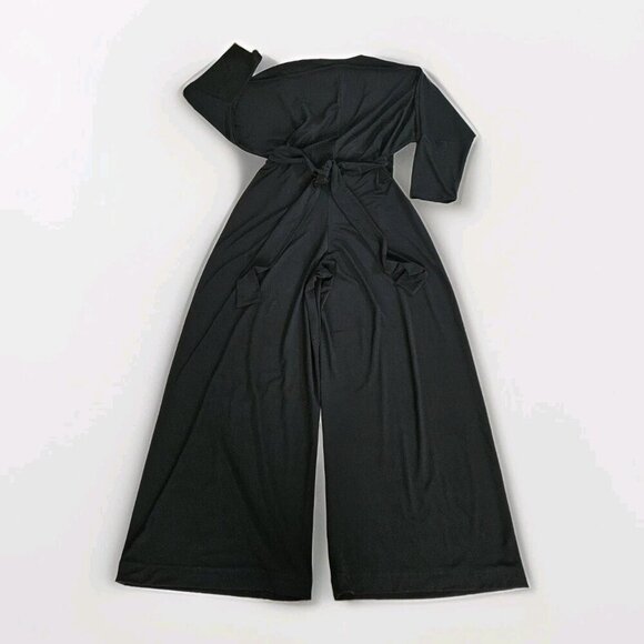 Norma Kamali Jumpsuit Women L / 40 Black Dolman LS Wrap Front Tie Waist Wide Leg - Picture 15 of 16